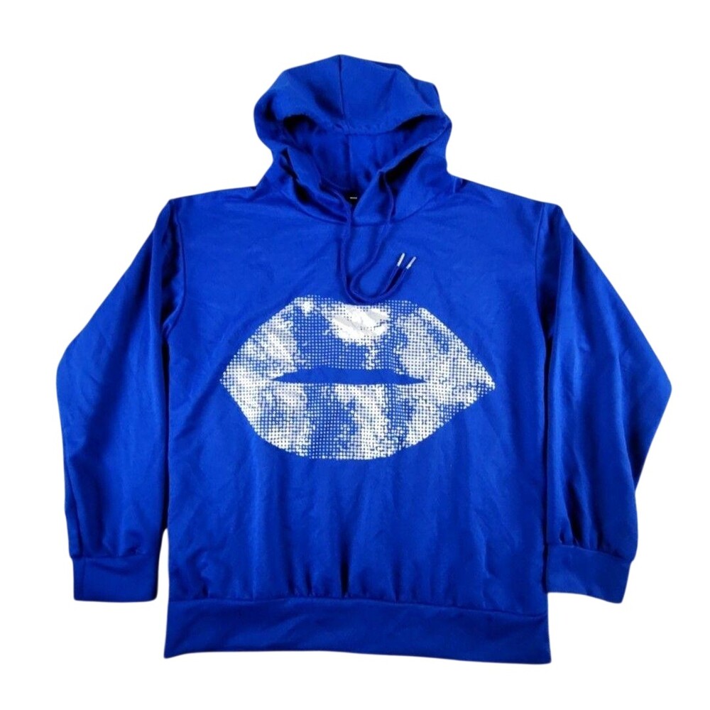 Lips Hoodie Sweatshirt Womens Medium Blue Graphic Pullover Kangaroo Pocket